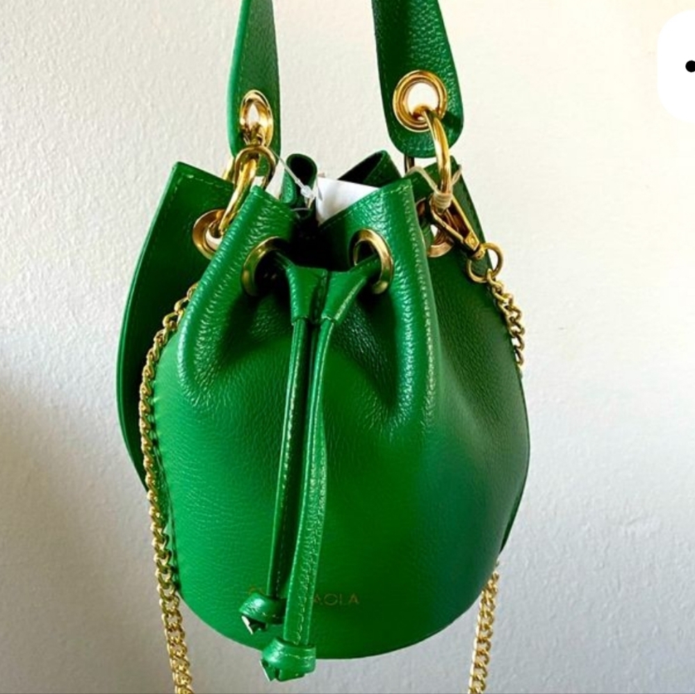 Anna Paola Green Leather Drawstring Bucket Bag